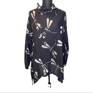 Cupcake Black dragonfly mock neck tunic lagenlook asymmetrical cotton SZ XL